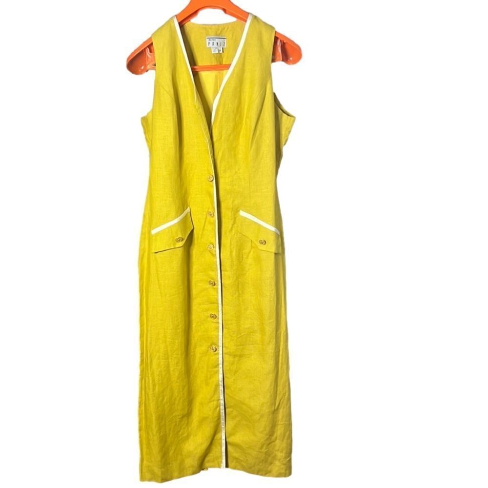 NEW YORK PANIZ 100% LINEN SLEEVELESS‎ BUTTON DOWN MAXI DRESS SIZE 14